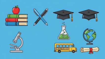 Colorful Education Icons Set Graduation Caps School Supplies on Blue