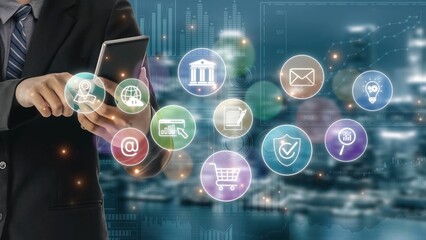 Set of business and digital service icons representing finance, cloud, analytics, email,...