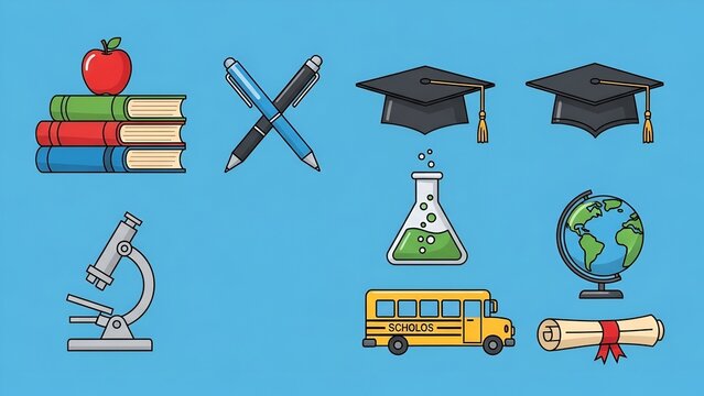Colorful Education Icons Set Graduation Caps School Supplies on Blue