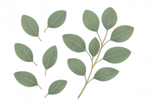 Eucalyptus leaves and branch illustration creating fresh botanical border on transparent background