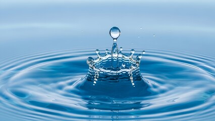 Water Drop Impact Creating Crown Shape in Light Blue Liquid