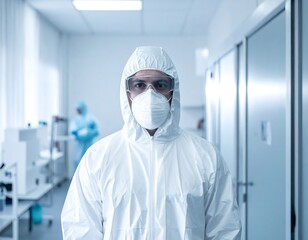 A person in a white protective suit and respirator stares directly into the camera in a clinical, sterile environment