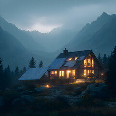 Cozy mountain cabin illuminated at dusk with solar panels, offering sustainable living and serene escape amidst majestic peaks.