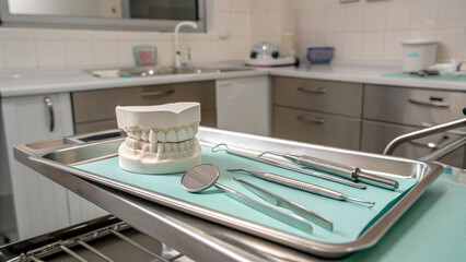 Set of dental instruments with artificial teeth model on metal tray in clean dental clinic representing oral care, hygiene, health and modern dentistry equipment concept