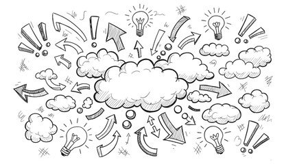 Hand drawn sketch of light bulbs arrows clouds and exclamation marks on white background drawing doodle