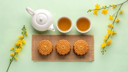 White teapot two cups of tea and mooncakes with yellow flowers