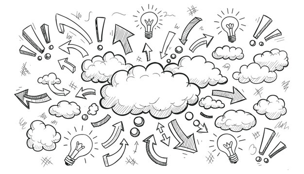 Hand drawn sketch of light bulbs arrows clouds and exclamation marks on white background drawing doodle