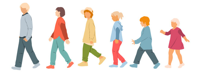 Group of children different ages walk, silhouettes boys and girls, side view, profile, vector, different colors, flat icon design concept, isolated on white background