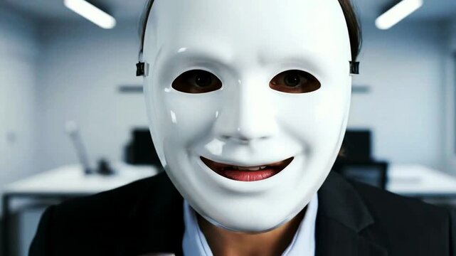 A worried woman hides her true feelings behind a smiling emotionless white mask symbolizing corporate pressure mental health and imposter syndrome.