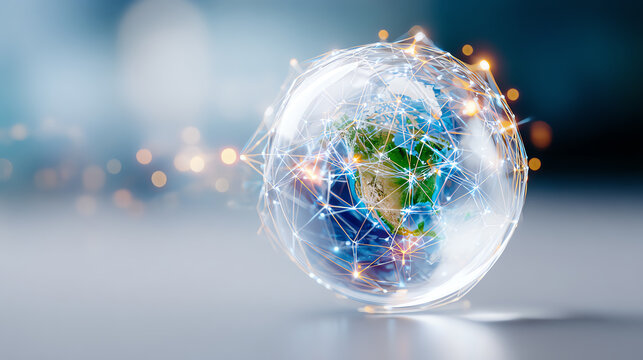 A digital globe interconnected with glowing lines representing global connectivity and technology advancements.