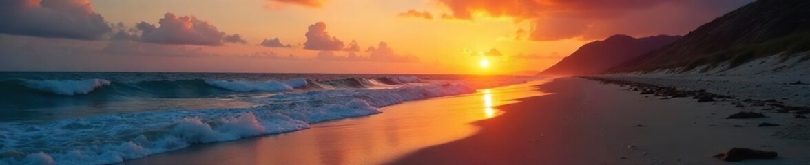 Melancholic Sunset Waves Crashing on a Lonely Deserted Beach, Evoking Solitude and Contemplation