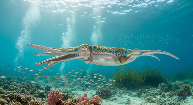 Colorful Tropical calamar Swimming Near Coral Reef in Clear Blue Ocean Water