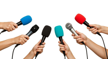 Hands holding microphones isolated on white background, representing media, press conference, or public speaking event