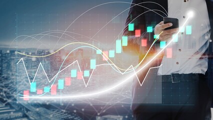 A businessman is analyzing stock market data on a smartphone, surrounded by financial graphs and charts against a modern city background, reflecting contemporary investment strategies. Copula
