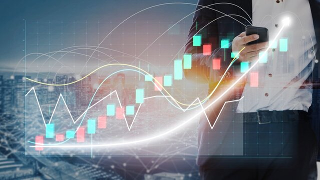 A businessman is analyzing stock market data on a smartphone, surrounded by financial graphs and charts against a modern city background, reflecting contemporary investment strategies. Copula - Powered by Adobe