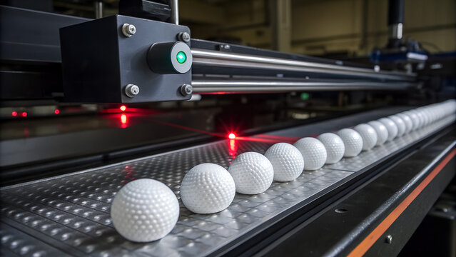 Automated factory production line with golf balls being measured by laser sensor technology representing precision, robotics and modern industrial manufacturing process - Powered by Adobe