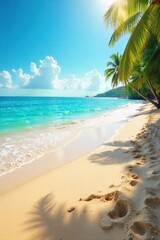 Sun-Kissed Beach Inviting Waves Lap Golden Sands, Perfect for Relaxing Summer Vacation Dreams. Ideal for travel brochures, websites, and tourism promotions.