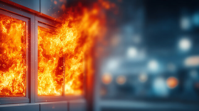 A dramatic photo of a building fire, showcasing flames engulfing windows in a night scene, highlighting urgent safety concerns.