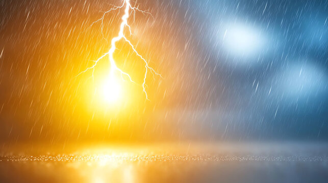 A dramatic scene capturing a lightning bolt illuminating a stormy sky, with the contrast of vivid colors and rain adding intensity.