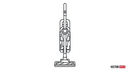 Black and white line art illustration of a modern upright vacuum cleaner shown from the front view. © wong