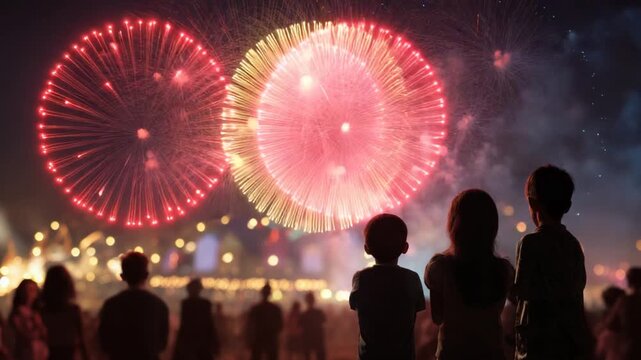 A crowd watches brilliant fireworks explode in the night sky, three children in foreground