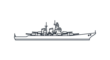 Line art illustration of a battleship with guns and radar equipment. © wong