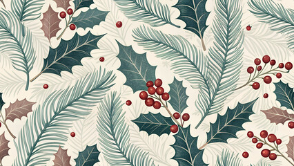 Seamless holiday pattern with holly leaves, pine branches and red berries on light background perfect for Christmas wrapping paper and winter decor design