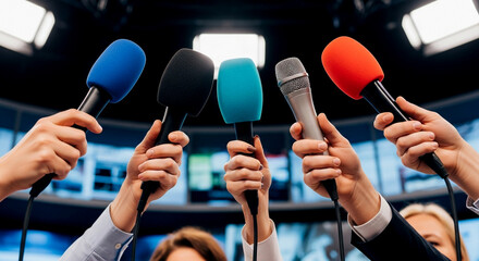 Fototapeta premium Hands holding microphones in a tv studio, representing media, press conference, or public speaking event in broadcasting