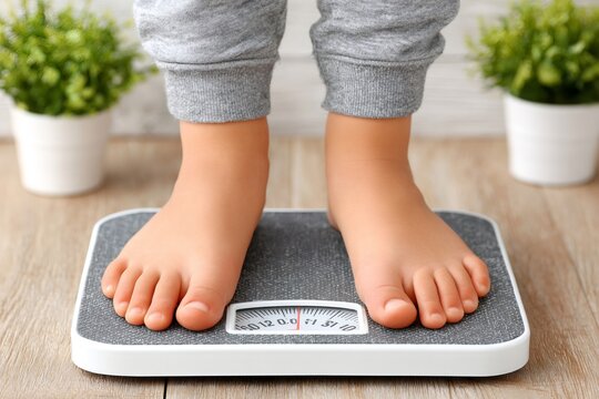 Child feet standing on weight scale measuring pounds - Powered by Adobe