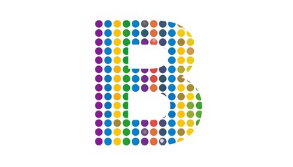 A large letter "B" constructed from an array of colorful, evenly spaced circles, set against a pure white background