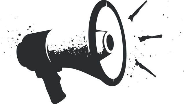 A stylized megaphone illustration representing communication and public announcements with sound effects.