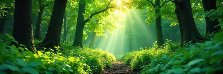 Tranquil Dappled Sunlight Filtering Through Lush Green Forest Canopy, Creating a Serene and Peaceful Atmosphere Perfect for Nature, Ecology, and Environmental Themes