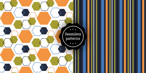 Set of seamless geometric patterns with hexagons and stripes in modern retro colors. Repeating abstract backgrounds for fabric, wallpaper, wrapping paper, textile design, and digital projects.