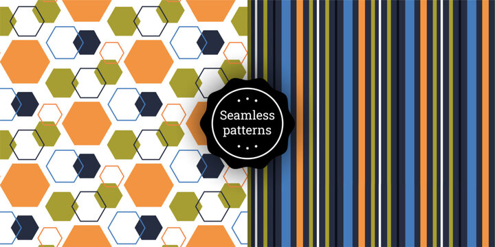 Set of seamless geometric patterns with hexagons and stripes in modern retro colors. Repeating abstract backgrounds for fabric, wallpaper, wrapping paper, textile design, and digital projects.
