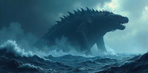 Colossal Leviathan Breaching A Shadowy Sea Monster Emerges from the Dark Ocean Depths, Evoking Primal Fear and Awe.