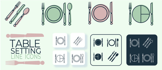 Set of healthy eating line icons with portion plate, fork, knife, and spoon. Minimalist tableware symbols for diet, meal planning, restaurant or nutrition design. Vector outline style