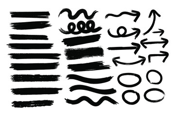 Collection of hand drawn black brush stroke elements including arrows lines scribbles and circles on a white background