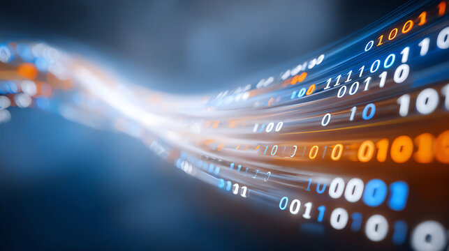 A dynamic visual representation of data flow, showcasing binary numbers in varying colors against a dark backdrop.