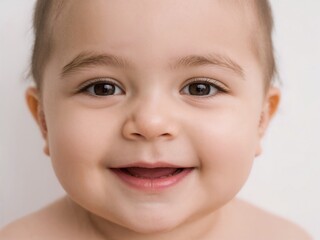 Happy baby smiling brightly with big brown eyes in a simple setting