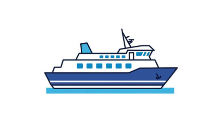 A modern blue and white passenger ferry boat sailing on calm water.
