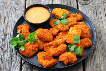 breaded chicken breast chunks with dipping sauce