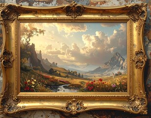 A painted landscape featuring mountains, a river, and colorful wildflowers beneath a dramatic, cloudy sky. Set in an ornate golden frame