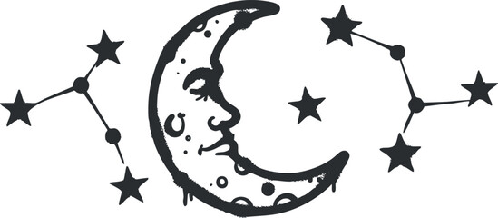 Fototapeta premium A whimsical illustration of a crescent moon with a face surrounded by stars.