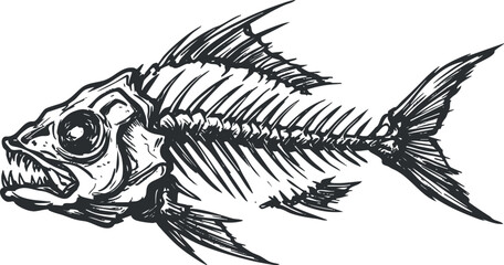 A detailed illustration of a fish skeleton showcasing its bones and structure.