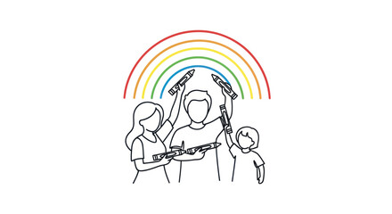 Obraz premium Family Drawing a Rainbow Together with Crayons Creative Expression.