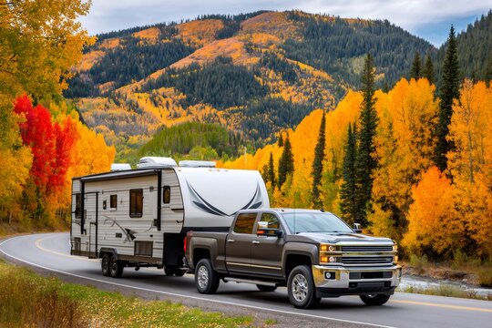 Pickup truck pulling camper on winding autumn road