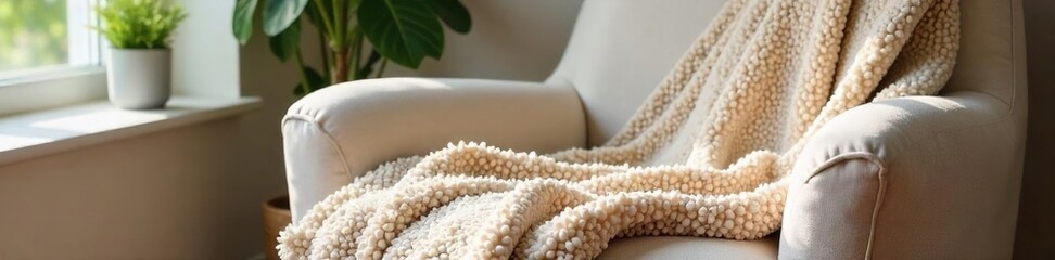 Cozy Oversized Knit Blanket Draped on Plush Armchair, Soft Textures and Neutral Tones Create Relaxing Bedroom Atmosphere