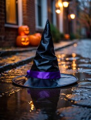 Fototapeta premium Halloween witch hat on wet pavement autumn evening photography spooky atmosphere close-up view