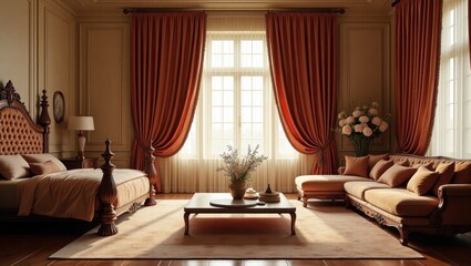 Vintage Hotel Room with Elegant Drapes and Wooden Furniture