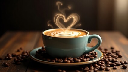 Steaming cup of coffee with heart shaped latte art and coffee beans on wooden table